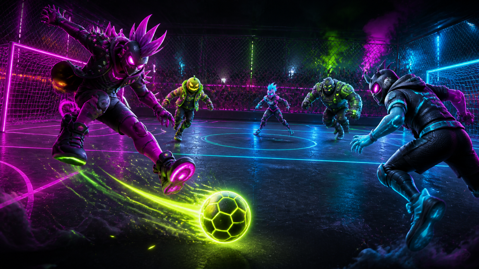 Five players charging toward a glowing ball inside the neon cage